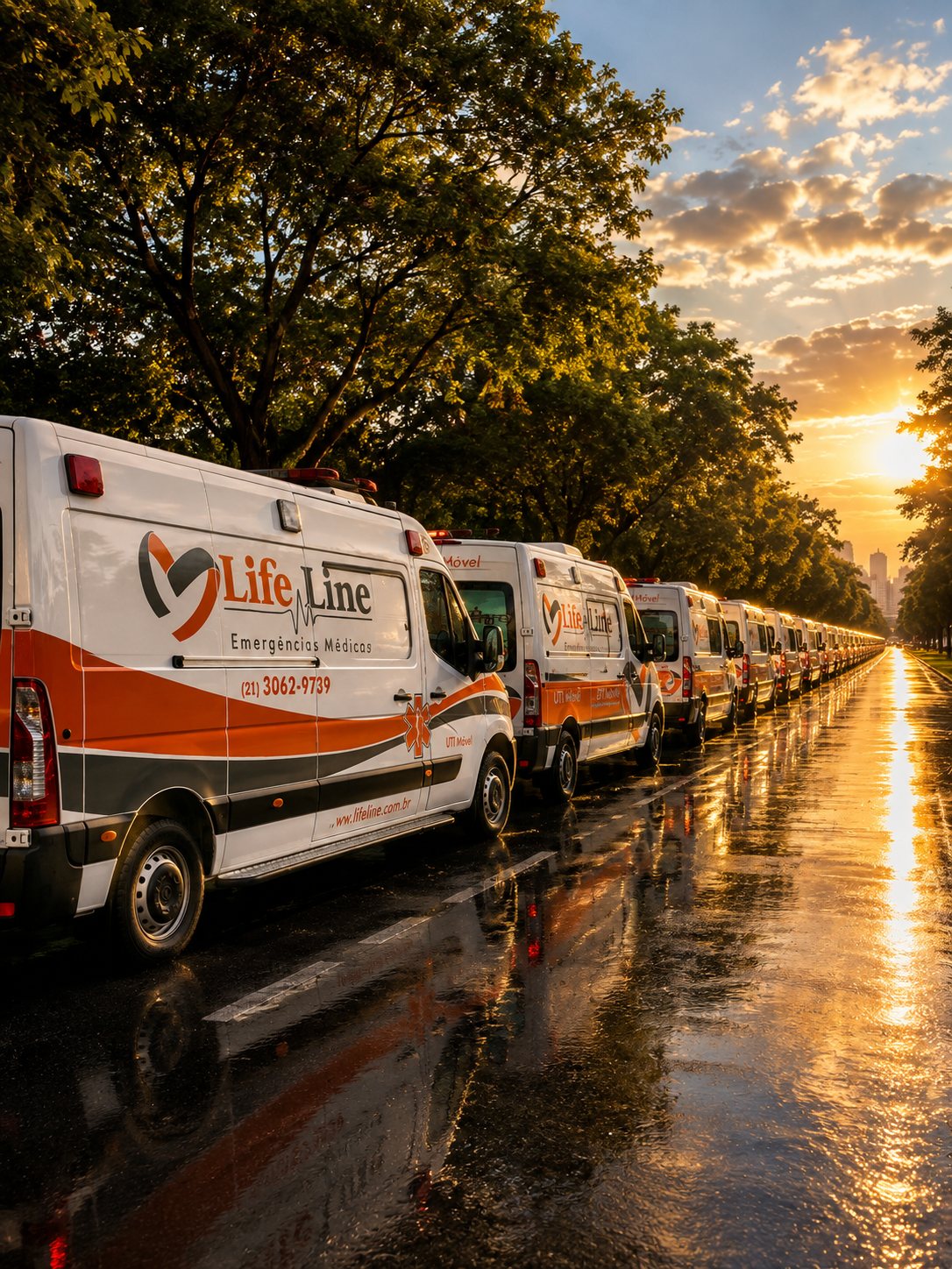 Frota de ambulâncias e UTIs móveis da Life Line enfileirada ao amanhecer no Rio de Janeiro