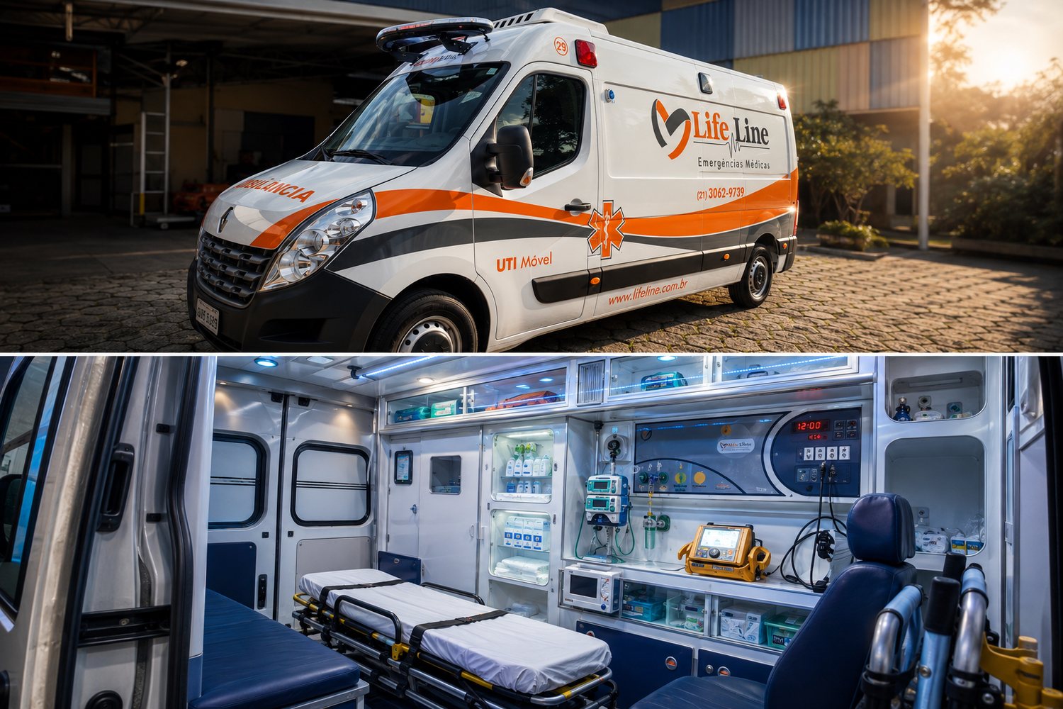 UTI móvel da Life Line por fora e o interior equipado com maca, monitor e desfibrilador
